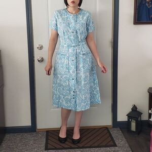 60s Deadstock‎ Blue and White Rayon and Cotton Day Dress